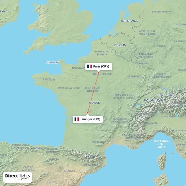 Paris - Limoges direct flight map