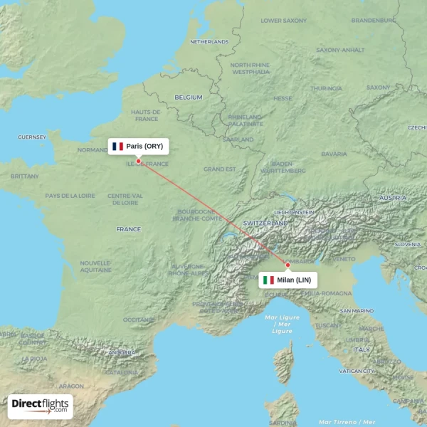 Paris - Milan direct flight map