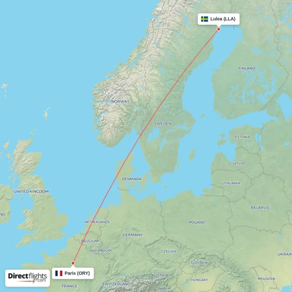 Paris - Lulea direct flight map