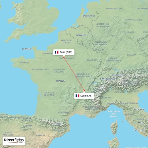 Paris - Lyon direct flight map