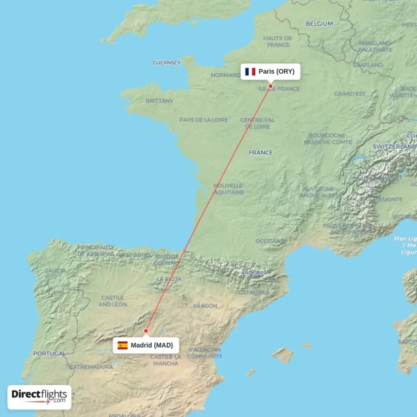 Paris - Madrid direct flight map