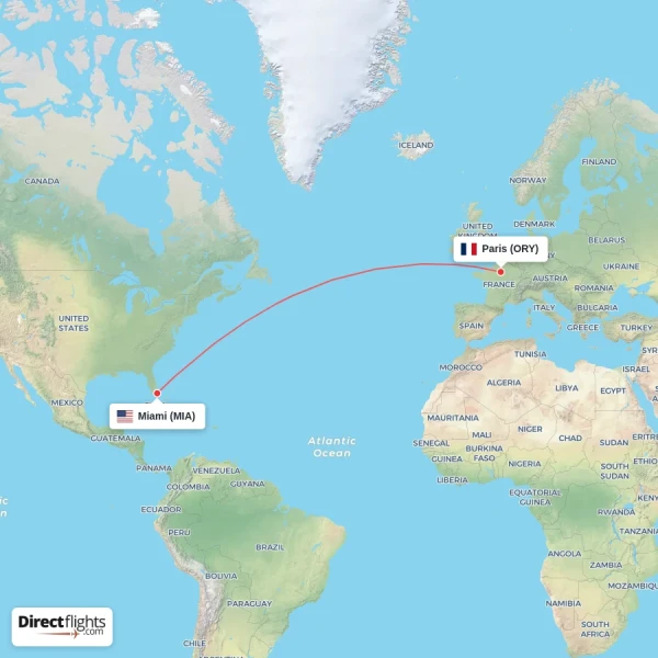Paris - Miami direct flight map