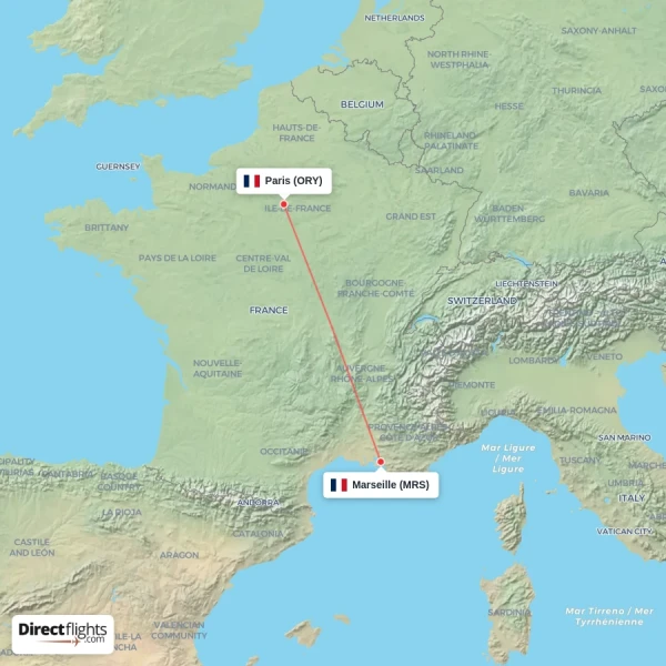 Paris - Marseille direct flight map