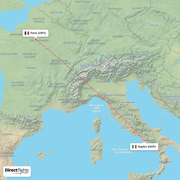 Paris - Naples direct flight map