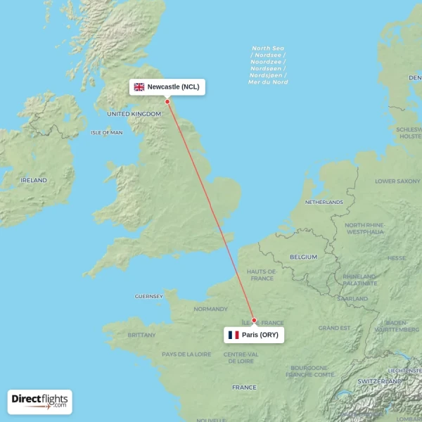 Paris - Newcastle direct flight map