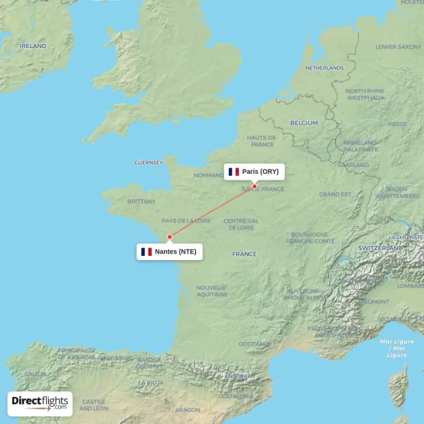 Paris - Nantes direct flight map