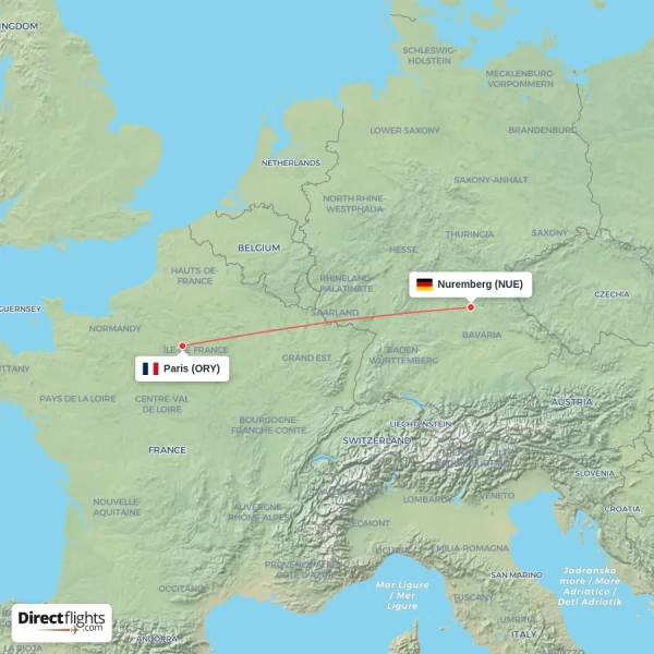 Paris - Nuremberg direct flight map