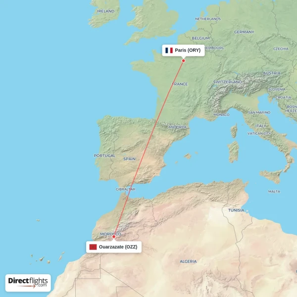 Paris - Ouarzazate direct flight map