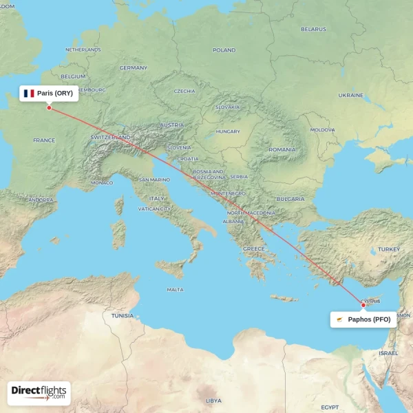 Paris - Paphos direct flight map
