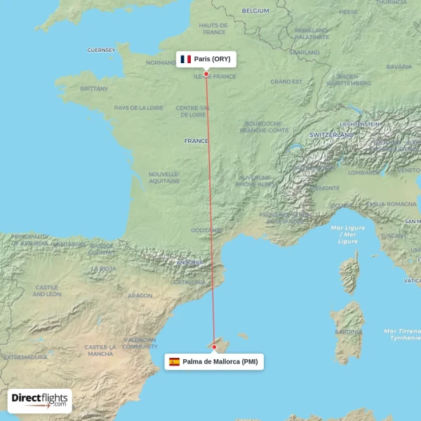 Paris - Palma de Mallorca direct flight map