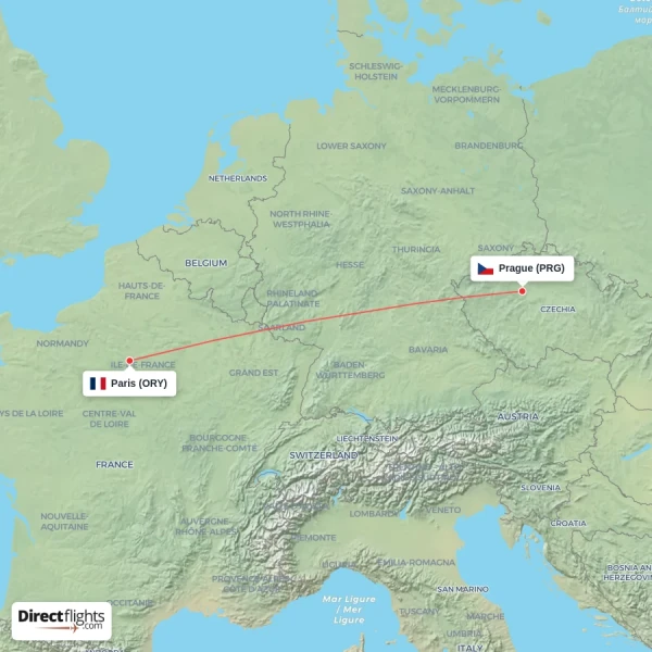 Paris - Prague direct flight map