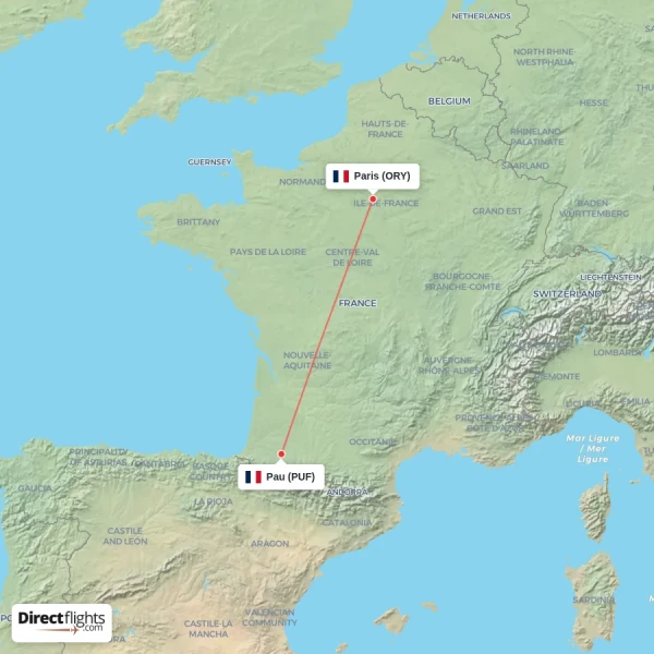 Paris - Pau direct flight map