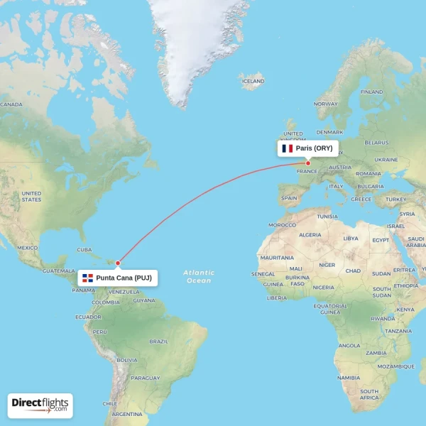 Paris - Punta Cana direct flight map