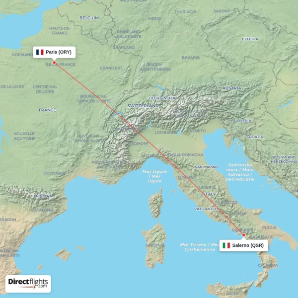 Paris - Salerno direct flight map