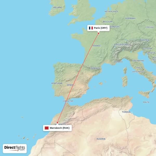 Paris - Marrakech direct flight map