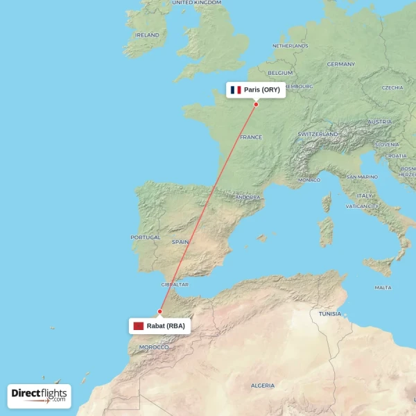 Paris - Rabat direct flight map