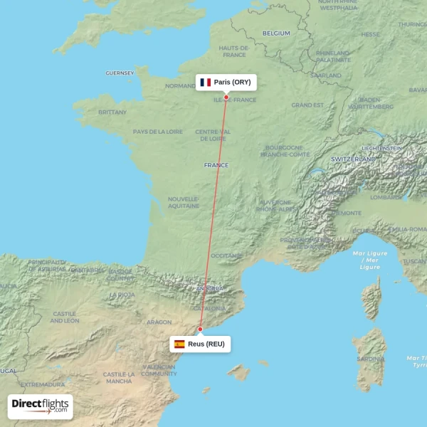 Paris - Reus direct flight map