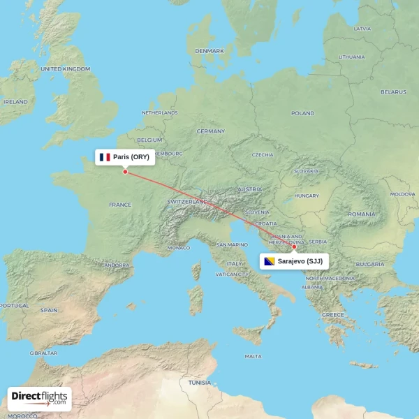 Paris - Sarajevo direct flight map