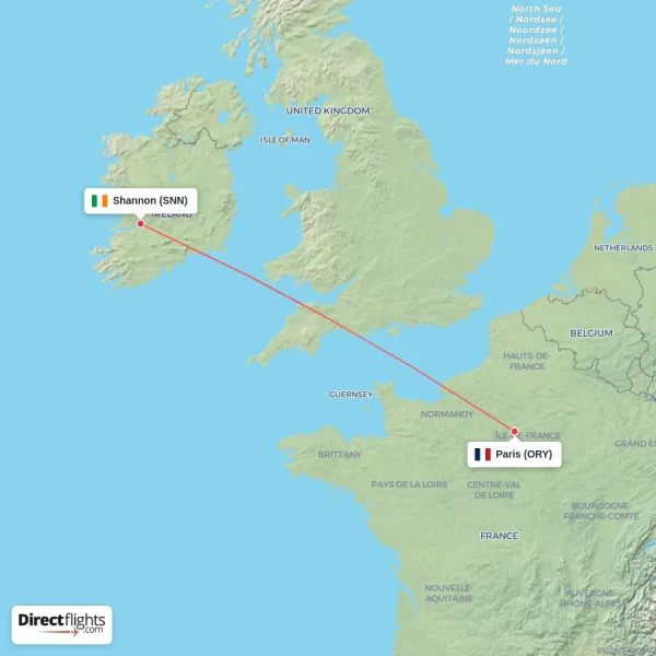 Paris - Shannon direct flight map