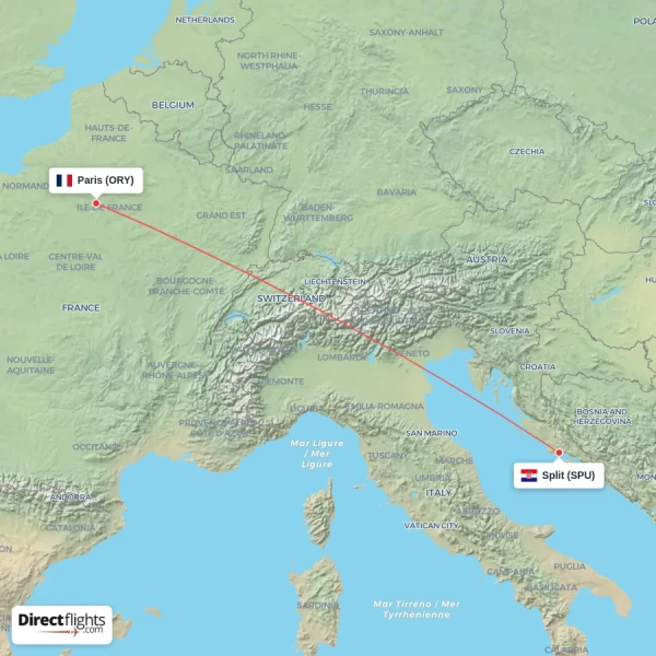 Paris - Split direct flight map