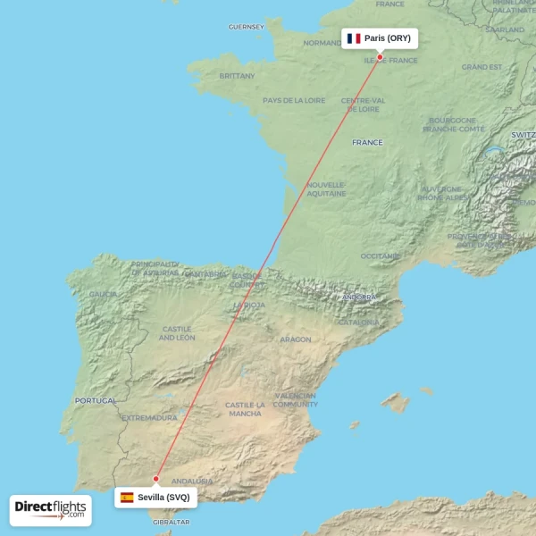 Paris - Sevilla direct flight map