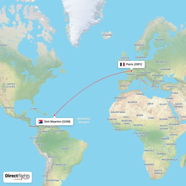 Paris - Sint Maarten direct flight map
