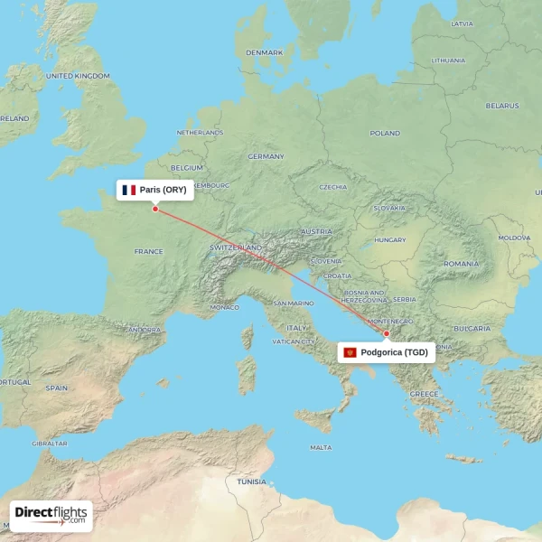 Paris - Podgorica direct flight map