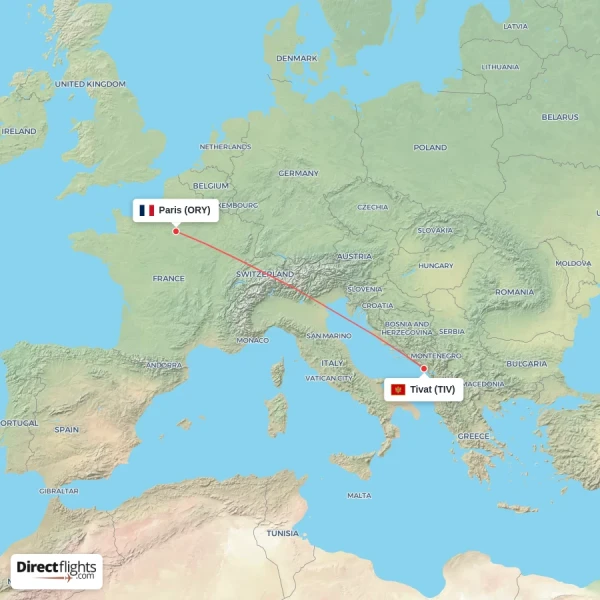 Paris - Tivat direct flight map