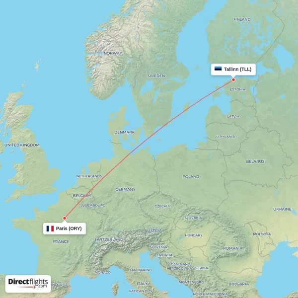 Paris - Tallinn direct flight map
