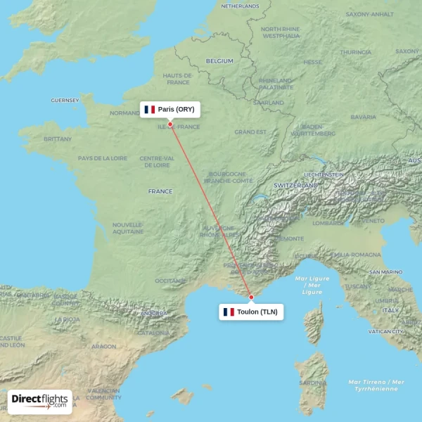 Paris - Toulon direct flight map
