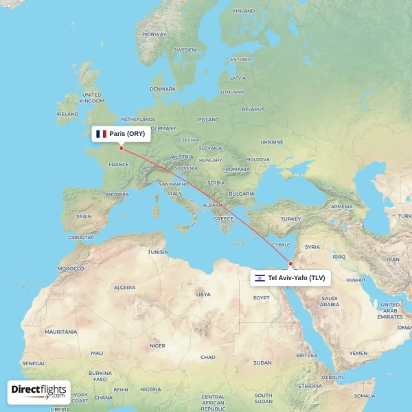Paris - Tel Aviv-Yafo direct flight map