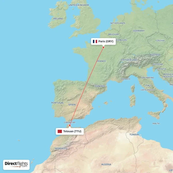Paris - Tetouan direct flight map
