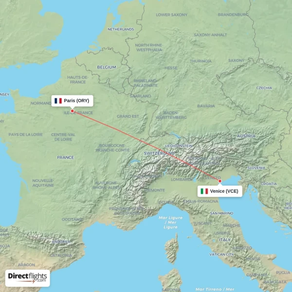 Paris - Venice direct flight map