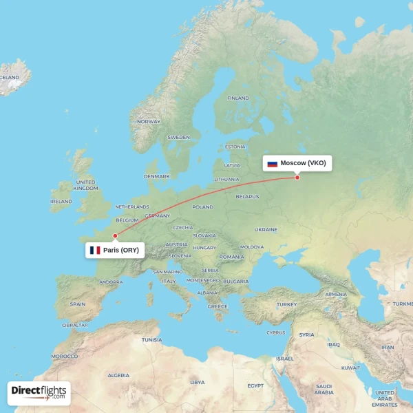 Paris - Moscow direct flight map