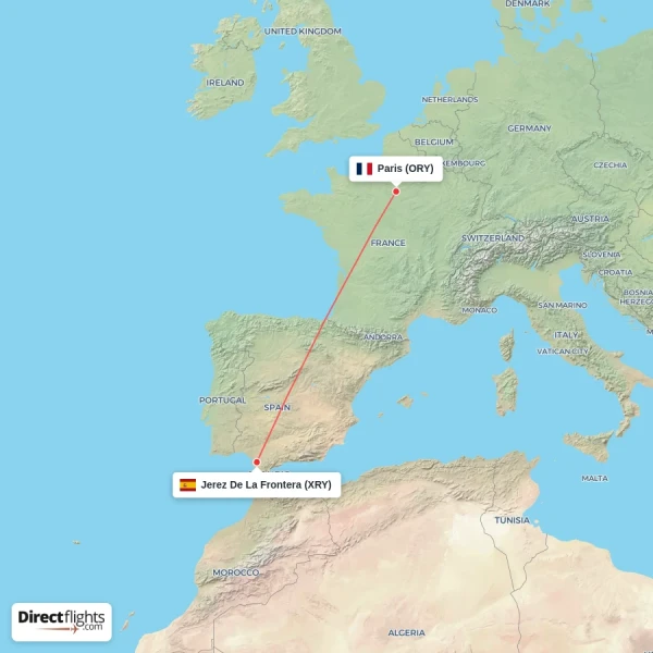 Paris - Jerez De La Frontera direct flight map