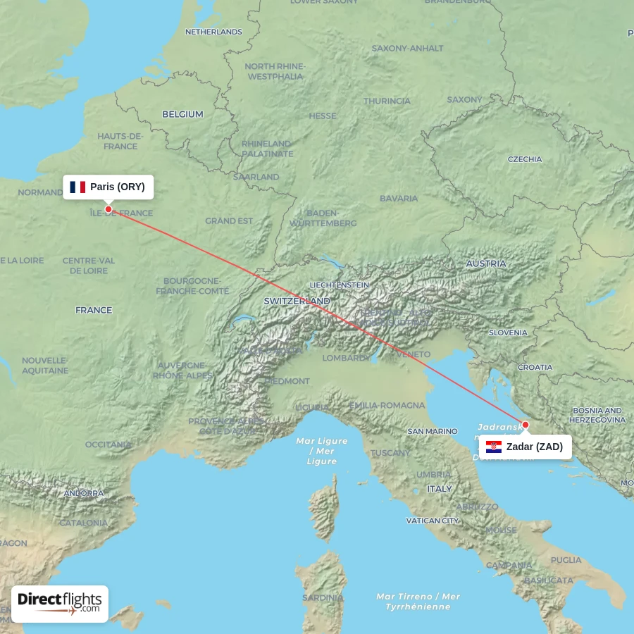 ORY - ZAD route map