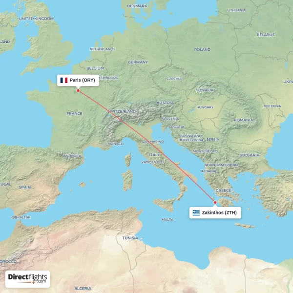 Paris - Zakinthos direct flight map