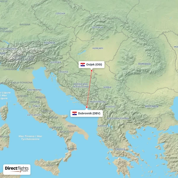 Osijek - Dubrovnik direct flight map