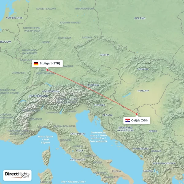 Osijek - Stuttgart direct flight map