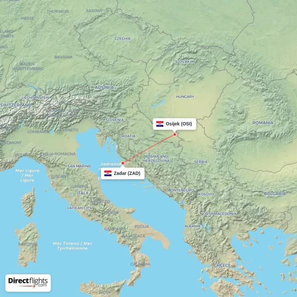 Osijek - Zadar direct flight map