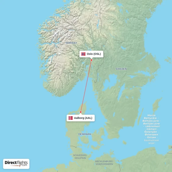 Oslo - Aalborg direct flight map