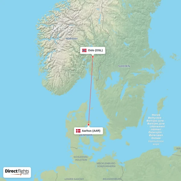 Oslo - Aarhus direct flight map