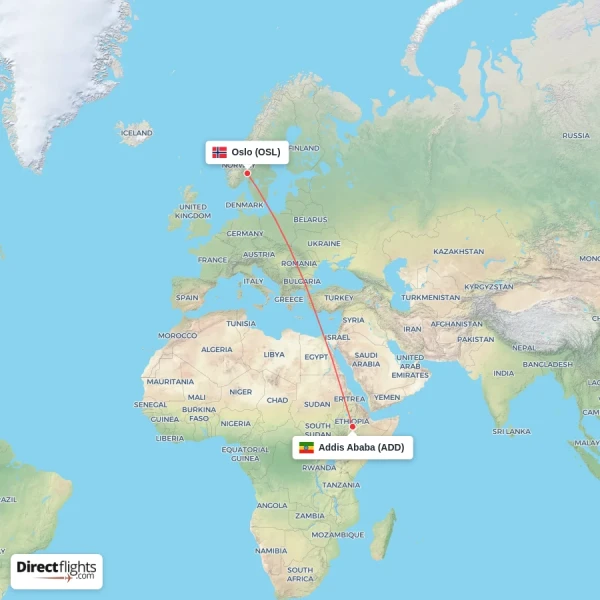 Oslo - Addis Ababa direct flight map