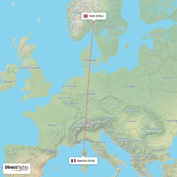 Oslo - Ajaccio direct flight map