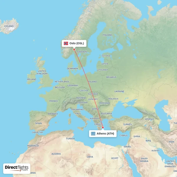 Oslo - Athens direct flight map