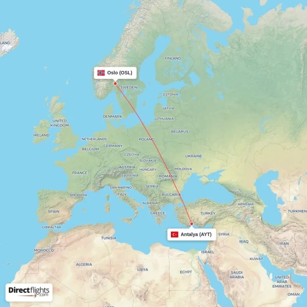 Oslo - Antalya direct flight map