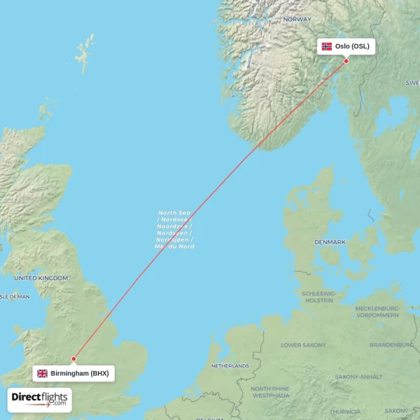 Oslo - Birmingham direct flight map