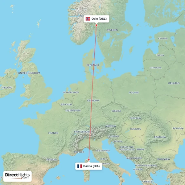 Oslo - Bastia direct flight map
