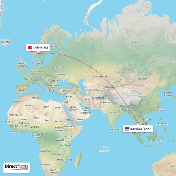 Oslo - Bangkok direct flight map