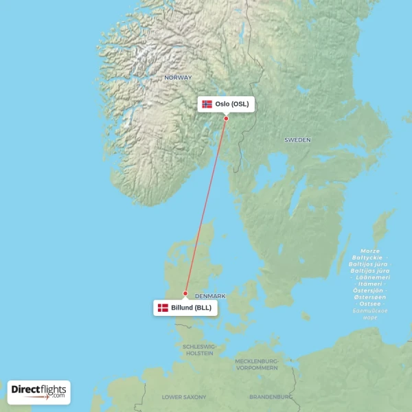 Oslo - Billund direct flight map